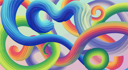 鮮やかなグラデーションカラーの3D抽象的な流れるような渦巻きが複雑に絡み合い、ダイナミックで現代的な視覚的背景を形成する、活気に満ちたデジタルアート。