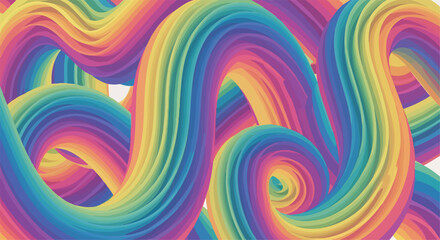 鮮やかな虹色の波状曲線が流れるように絡み合い、現代的で活気に満ちた抽象デザインの背景を形成する3Dレンダリング。創造性や多様性を表現するデジタルアート作品。