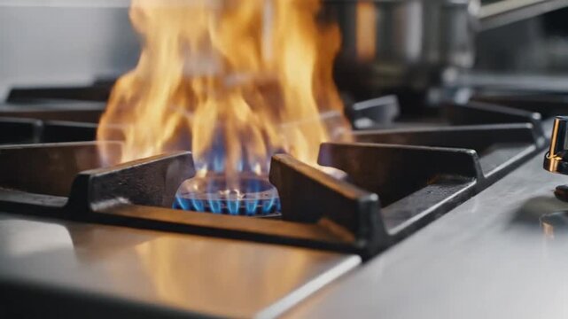Hand turns stove knob to ignite gas burner with flames creating heat for cooking in commercial kitchen