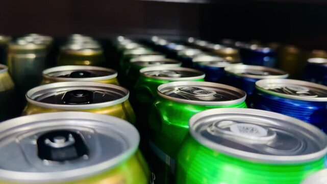 Beer in cans of different colors on the counter of an alcohol store. Close-up.