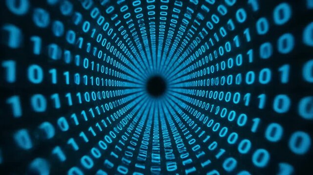 An abstract visual representing a flowing tunnel of blue binary code leading into a dark central void, symbolizing data transmission and digital concepts.