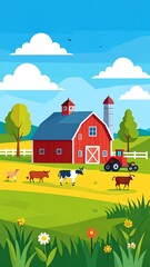 A vibrant rural scene a red barn with a blue roof, animals grazing, trees, tractor, and a silo under a bright sky with clouds
