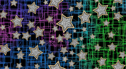 キラキラと輝く金色の縁取りの星々が、青、紫、緑の虹色の抽象的な線が交差する背景に散りばめられた、祝祭的で魔法のようなイメージ。