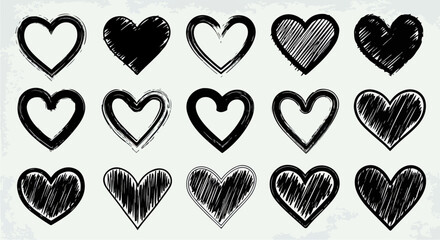 愛と感情を象徴する、手書き風の様々なハートマークが並ぶコレクション。バレンタインデーやウェディングデザインに最適なグラフィック素材です。