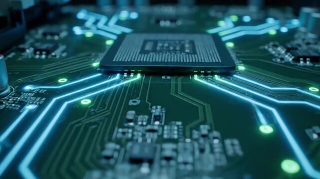 Circuit Board Interconnections Dynamic macro shot showcasing luminous data flow along pathways.
