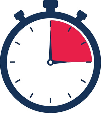 Stopwatch icon showing a fifteen minute interval highlighted in red on a white background