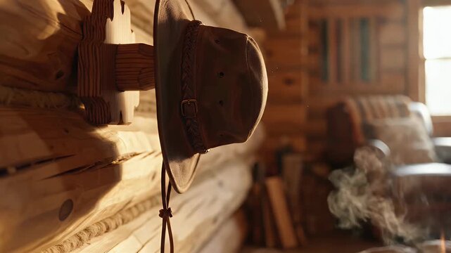A hat hanging on a rustic log cabin wall bathed in warm sunlight