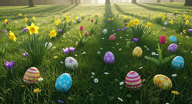 Easter eggs hidden in vibrant spring floral field on easter sunday morning
