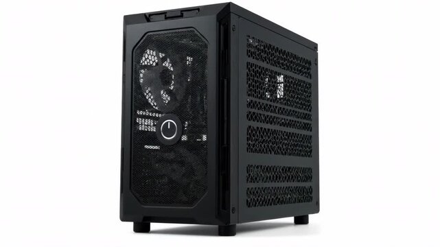 A black computer case with a perforated mesh front panel and an illuminated fan. Isolated on a white background, showcasing modern tech design.