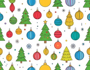 A vibrant, seamless pattern featuring diverse holiday ornaments and stylized Christmas trees on a clean white background