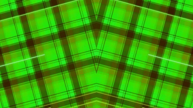 Vibrant green plaid pattern moving dynamically with intersecting lines and geometric shapes in a modern abstract design