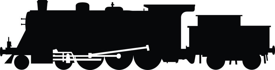 Vintage steam locomotive train silhouette with coal tender for historical transportation industrial heritage railway travel nostalgia engine engineering and  © MstRabiya