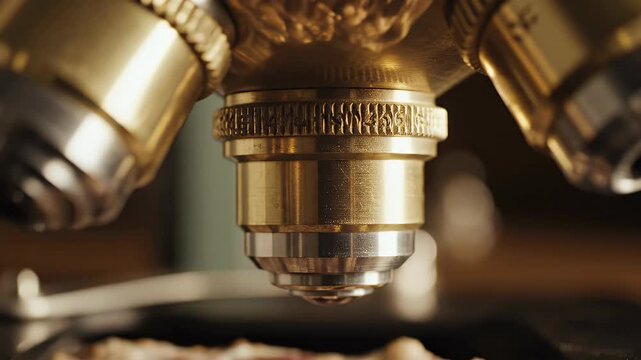 A close up view of a golden vintage microscope lens