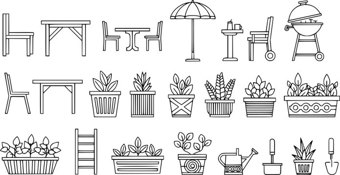 Outdoor patio furniture line art set featuring tables chairs grill umbrella planters