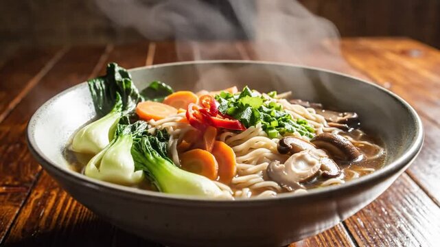 Savory bowl of steaming ramen with fresh vegetables and mushrooms, delicious and ready to eat