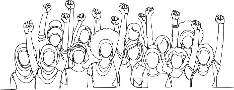 Continuous line illustration of diverse women raising fists for gender equality, feminism, empowerment, solidarity