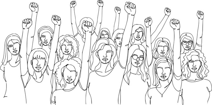 Continuous line illustration of diverse women raising fists for gender equality, feminism, empowerment, solidarity
