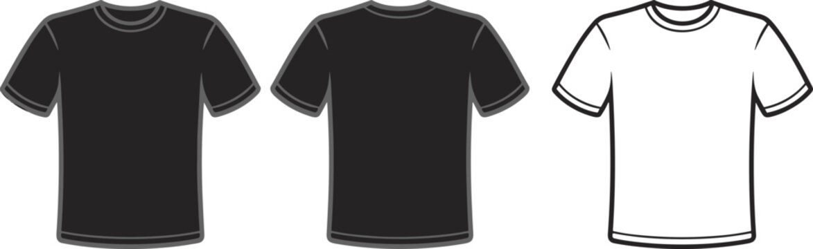 Vector icon set of crew neck t-shirt templates featuring solid black silhouettes and linear outlines with gray accents for fashion design branding and mockups