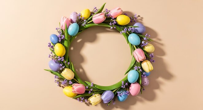 Easter wreath decoration with colorful eggs and flowers for spring