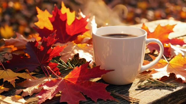 Cozy autumn morning with a warm cup of coffee and colorful fall foliage creating a peaceful scene