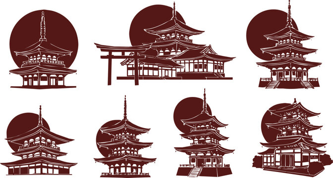 
Japanese pagoda and temple silhouette collection with red sun, traditional ink style architecture illustrations for Asian culture design projects branding posters decor