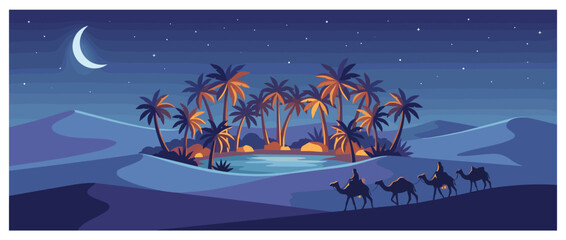 Flat Vector Illustration of a Moonlit Desert Oasis with Palm Trees, a Small Lake, and a Camel Caravan Traveling Under a Starry Night Sky with a Crescent Moon and Sand Dunes in the Background.