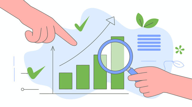 An illustration depicts hands interacting with a growing graph representing analysis progress and positive outcomes in a business context high quality professional detailed modern elegant stylish