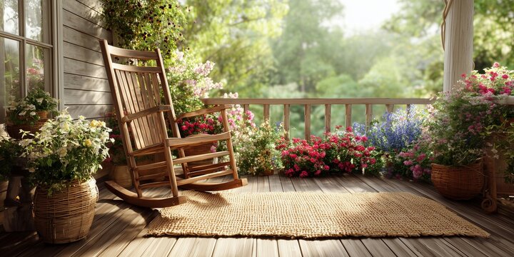 Sunlight filters across a wooden veranda with a rocking chair, woven rug, and potted spring blooms. Lush greenery glows in the background, hinting at a quiet garden beyond.
