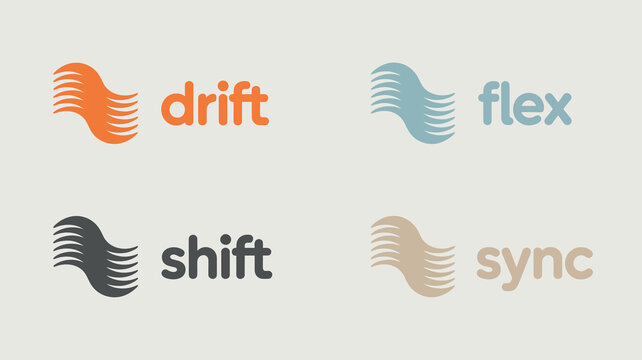 A minimalist graphic displays four company logos drift flex shift and sync each with a wavy feather like icon high quality professional detailed modern elegant stylish