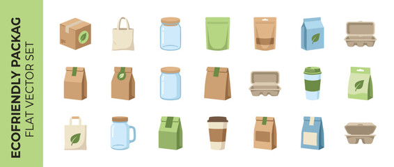 Obraz premium Eco-friendly packaging vector icon set featuring sustainable containers like cardboard boxes, paper bags, glass jars, reusable tote bags, coffee cups, and biodegradable food boxes for zero waste.