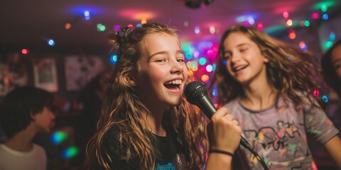 Living room turned into dance floor, preteens singing into microphones under disco lights. Candid moment of joy, laughter and vibrant movement.