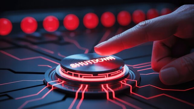 Finger poised to press a glowing red digital shutdown button on a futuristic control panel with illuminated circuitry and warning lights.