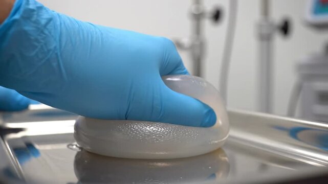 Gloved hand manipulates an implant on a surgical tray, clinical or medical setting