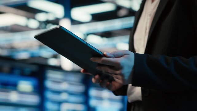 Data center engineer uses tablet and augmented reality virtualization to troubleshoot electronics issues. Server hub expert using device and digital twin simulation to fix gear system errors, camera B