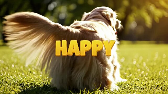 A dog wagging its tail happily with glowing text in a sunny field