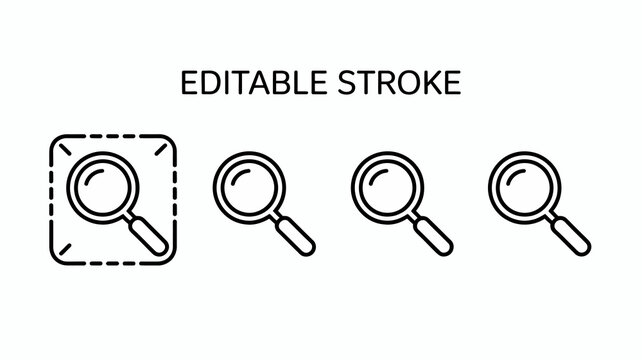 A set of four black line art magnifying glass icons are displayed with one icon highlighted by a dashed stroke square high quality professional detailed modern