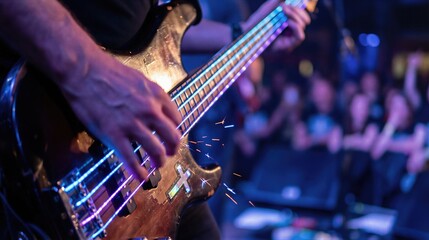 Naklejka premium Man playing bass guitar with cross inlay on stage. Modern church worship or Christian music concert night event. Religion, faith and God.