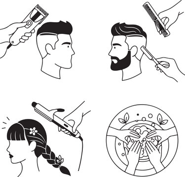 Hair Salon and Barbershop Vector Icon Set: Stylist, Scissors, Barber Pole, and Hair Dryer