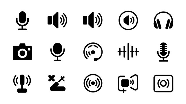 A collection of black vector icons depicting various audio and video recording playback and communication devices high quality professional detailed modern elegant stylish clean crisp vibrant