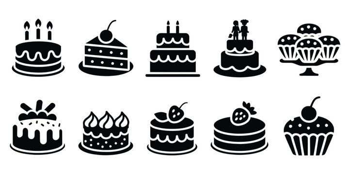 Bakery and Cake Icons, black silhouette vector symbols of cakes, cupcakes, and pastries, isolated on white background, perfect for bakery branding, culinary websites, apps, menus, and digital design p