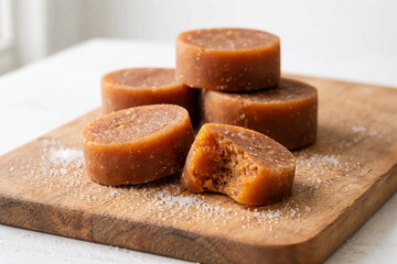 Palm sugar on a wooden cutting board with a minimalist background