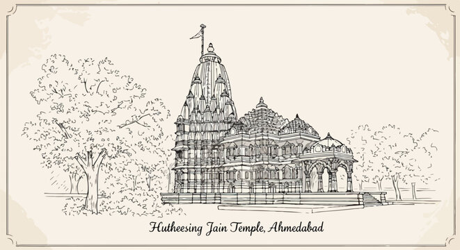Esquisse d'un temple ja&iuml;n &agrave; Ahmedabad, un lieu de culte historique et architectural.