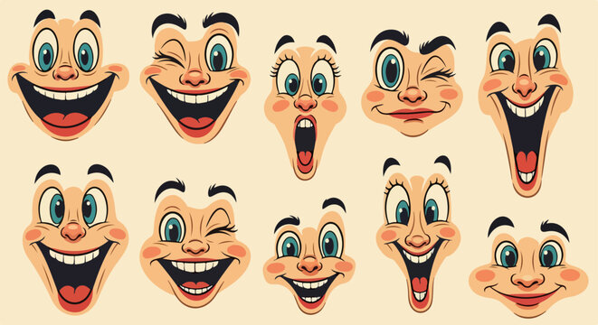 Ensemble de visages cartoon expressifs montrant diverses &eacute;motions et r&eacute;actions faciales
