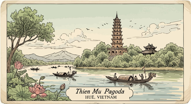 Pagode Thien Mu &agrave; Hu&eacute;, Vietnam, avec des bateaux sur la rivi&egrave;re et des lotus en premier plan.
