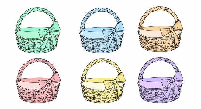 Ensemble de paniers d&eacute;coratifs de P&acirc;ques avec des n&oelig;uds color&eacute;s, parfaits pour la d&eacute;coration.