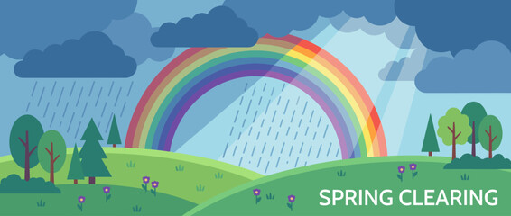 Fototapeta premium Flat Vector Illustration of a Spring Thunderstorm Clearing with a Vibrant Rainbow Over Green Rolling Hills, Sunbeams Breaking Through Dark Clouds, Rain Falling, and Blooming Meadow Flowers