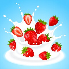A vibrant splash showcases ripe strawberries bursting from creamy white liquid against a gradient blue backdrop