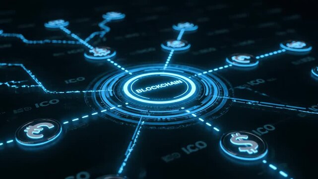 Abstract digital network visualization with a central glowing blue 'blockchain' hub connected to various financial symbols like dollars and euros on a dark background with ICO text.