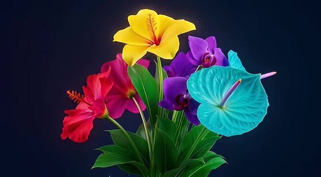 Exotic bouquet of vibrant hibiscus, orchids, and anthurium flowers against dark background