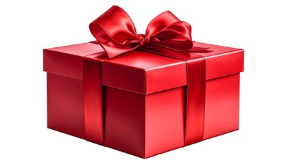 A vibrant, square gift box of red hue, adorned with matching ribbon and a prominent bow, isolated against white